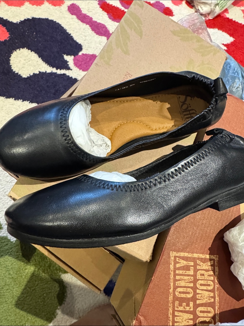 Sofft Black Leather Elastic-Top Slip-On Flats